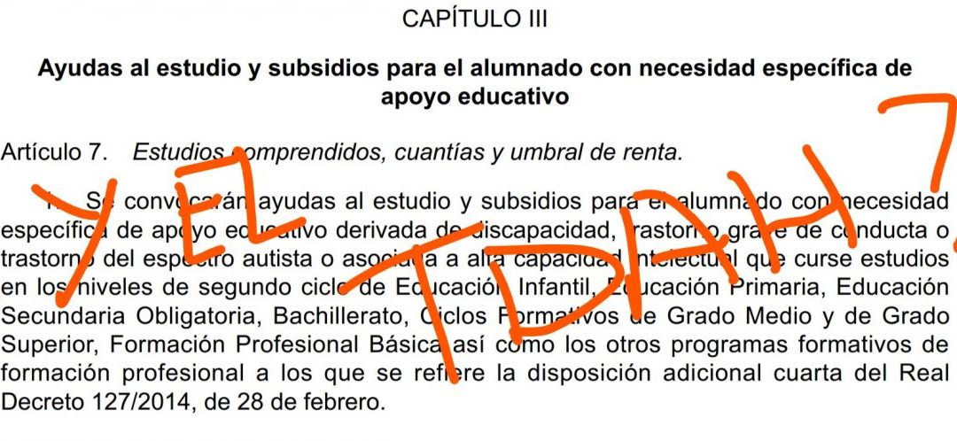 El ministerio de Educación excluye al TDAH de las «ayudas al estudio y subsidios para el alumnado con necesidad específica de apoyo educativo»